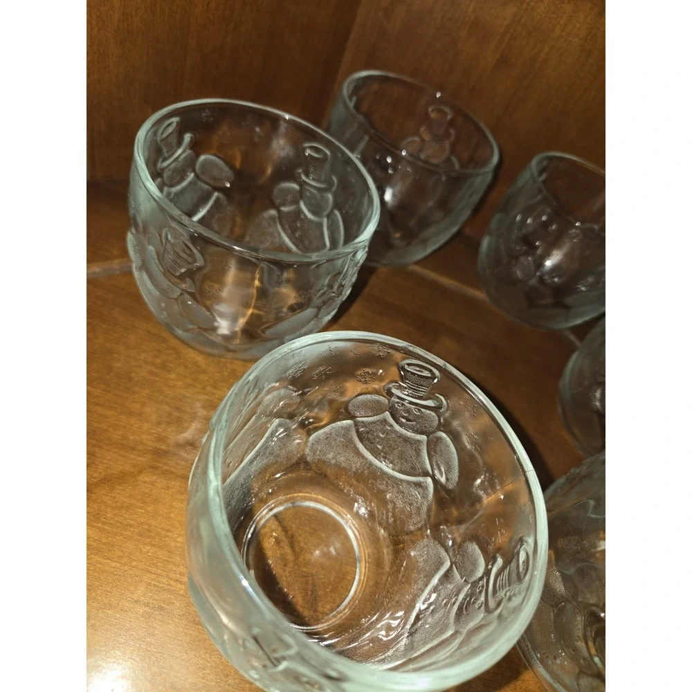 6pc Clear Glass Snowman Embossed Tumblers Set Round Vintage  10 oz